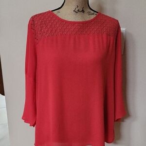 Van Heusen Red Blouse with Lace Detail And 3/4 Bell Sleeve